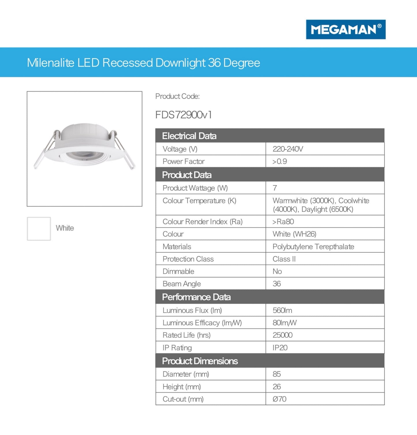Megaman 曼佳美 嵌入式筒燈開孔70 mm FDS72900v1(downlight 7w)