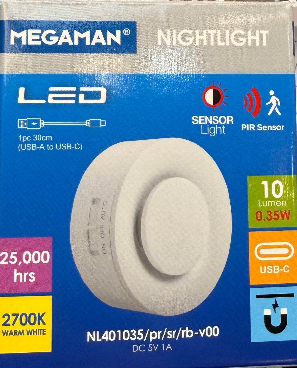 megaman NL401035/pr/sr/rb-v00 sensor light 2700k/5v usb 充電感應燈