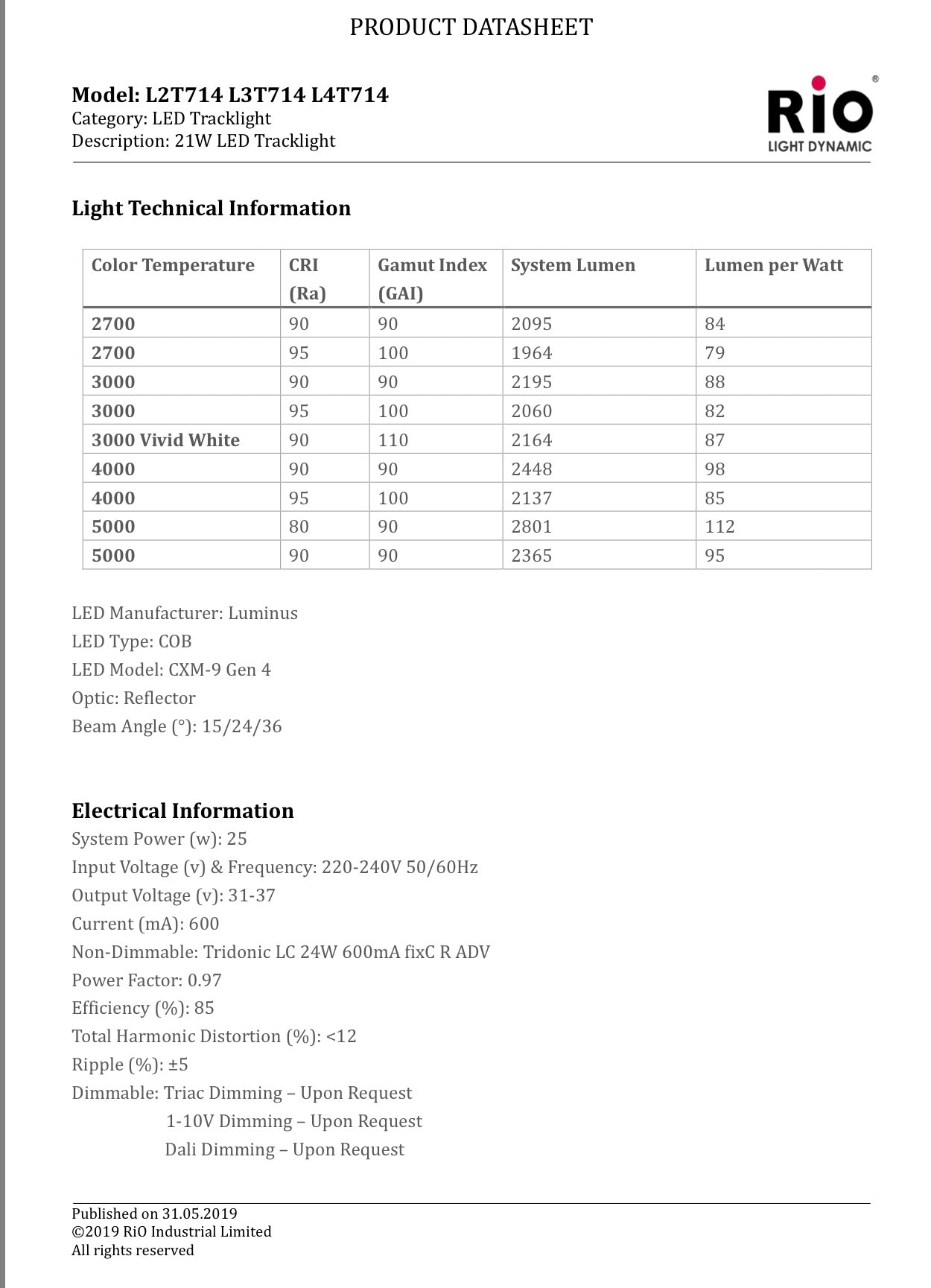 Rio L2T714 路軌射燈/窄角/21w/白殼3000k/4000k