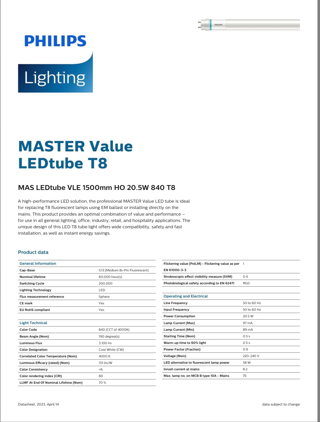 Philips Master LEDtube VLE 1500mm HO 20.5W 840 T8 /單端直接供電/mtr/預訂