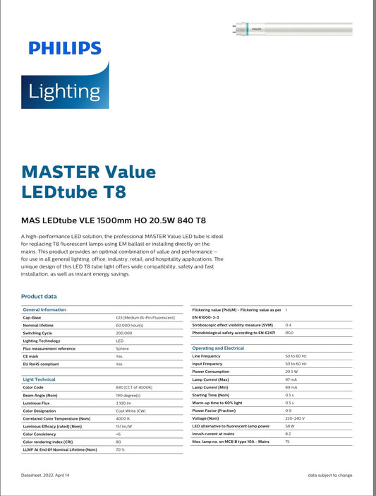 Philips Master LEDtube VLE 1500mm HO 20.5W 840 T8 /單端直接供電/mtr/預訂