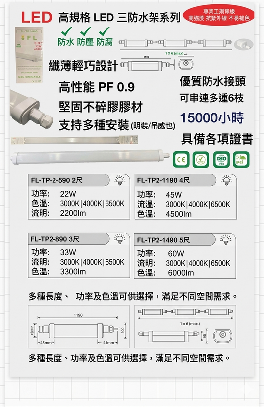 Future lighting 未來照明LED 三防水架 (纖薄輕巧款)/ip65/三防扁光管一體化